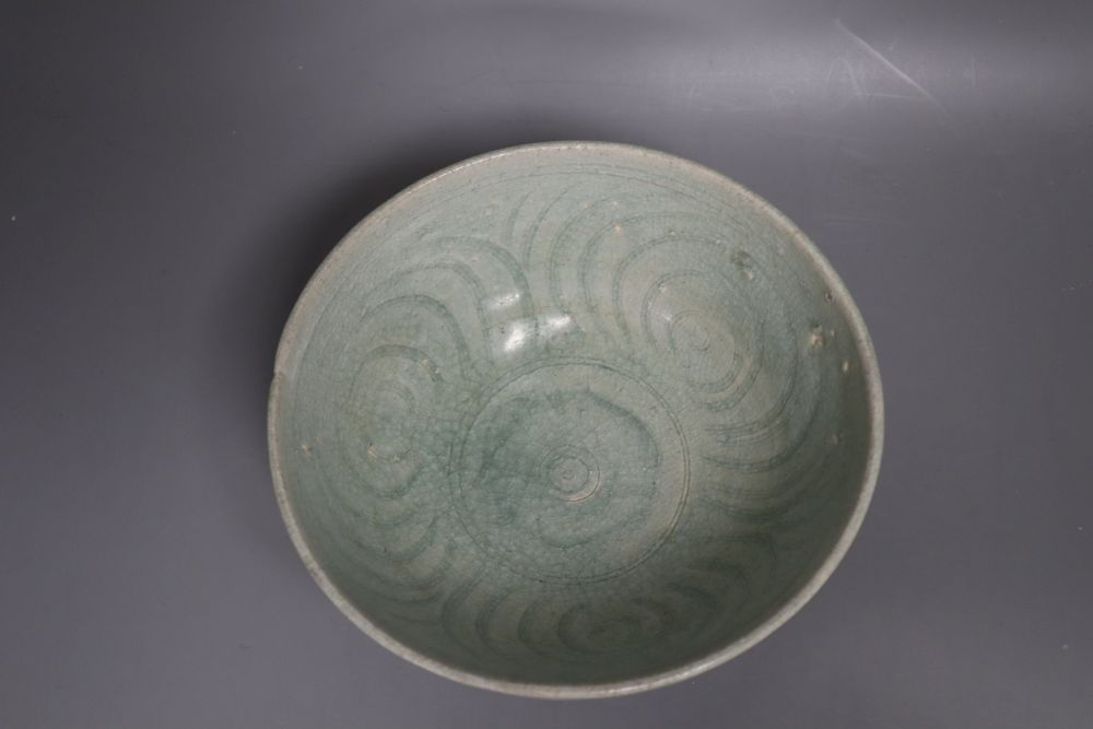 A Thai Sawankhalok celadon glazed bowl, 14th/15th century, 19.5cm diameter